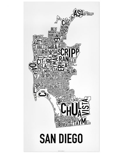 San Diego Neighborhood Map Poster, Classic B&W, 16" x 32"