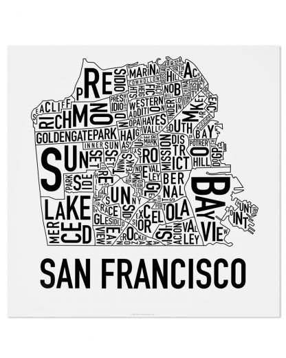 San Francisco Neighborhood Map Poster, Classic B&W, 18" x 18"