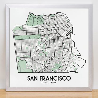 Framed San Francisco Street Map, 12.5" x 12.5", White & Green in Silver Frame