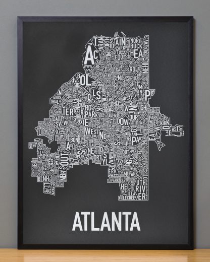 Framed Atlanta Neighborhood Map Screenprint, 18" x 24", Black & Silver in Black Frame