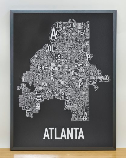 Framed Atlanta Neighborhood Map Screenprint, 18" x 24", Black & Silver in Steel Grey Frame