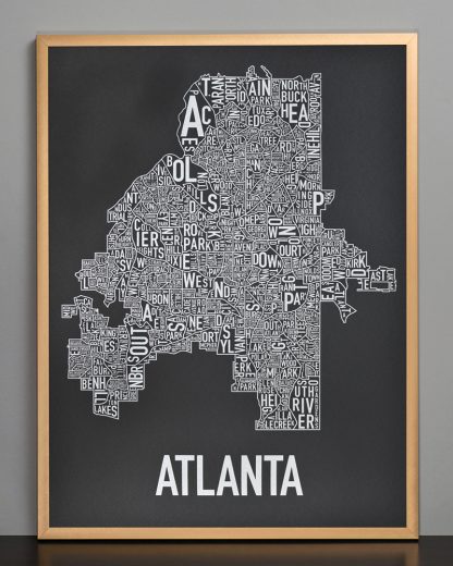Framed Atlanta Neighborhood Map Screenprint, 18" x 24", Black & Silver in Bronze Frame