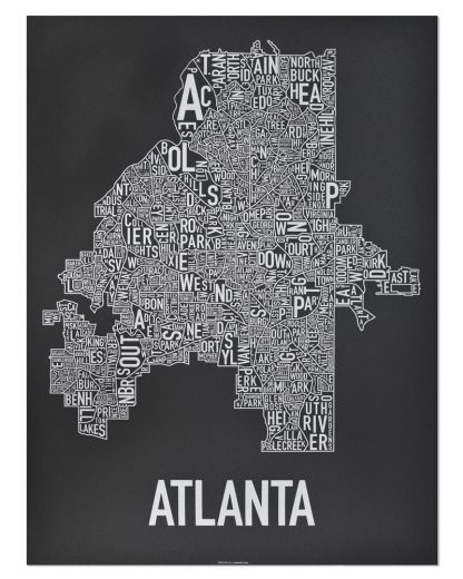 Atlanta Neighborhood Map Screenprint, 18" x 24", Black & Silver