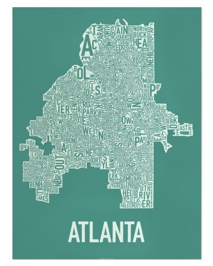 Atlanta Neighborhood Map Screenprint, 18" x 24", Emerald Green & Ivory