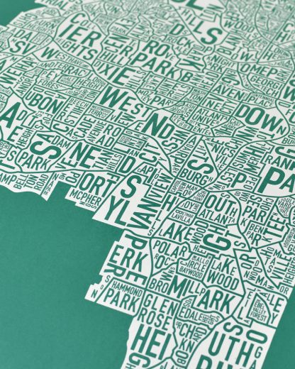 Atlanta Neighborhood Map Screenprint, 18" x 24", Emerald Green & Ivory