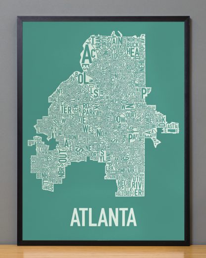 Framed Atlanta Neighborhood Map Screenprint, 18" x 24", Emerald Green & Ivory in Black Frame