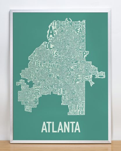 Framed Atlanta Neighborhood Map Screenprint, 18" x 24", Emerald Green & Ivory in Silver Frame