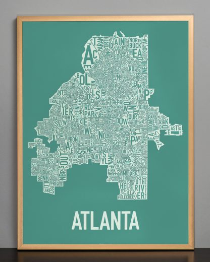 Framed Atlanta Neighborhood Map Screenprint, 18" x 24", Emerald Green & Ivory in Bronze Frame
