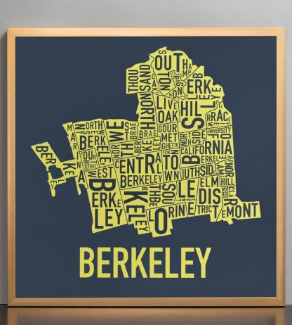 Framed Berkeley Neighborhood Typography Map, Navy & Yellow, 18" x 18" in Bronze Frame