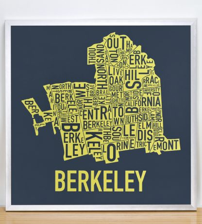 Framed Berkeley Neighborhood Typography Map, Navy & Yellow, 18" x 18" in Silver Frame