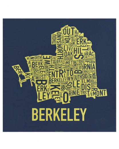 Berkeley Neighborhood Map Screenprint, Blue & Yellow, 18" x 18"