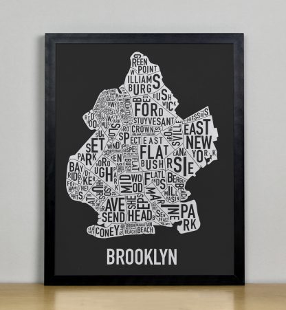 Framed Brooklyn Neighborhood Map Screenprint, Black & White, 11" x 14" in Black Frame