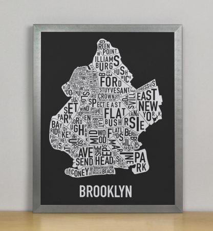 Framed Brooklyn Neighborhood Map Screenprint, Black & White, 11" x 14" in Steel Grey Frame