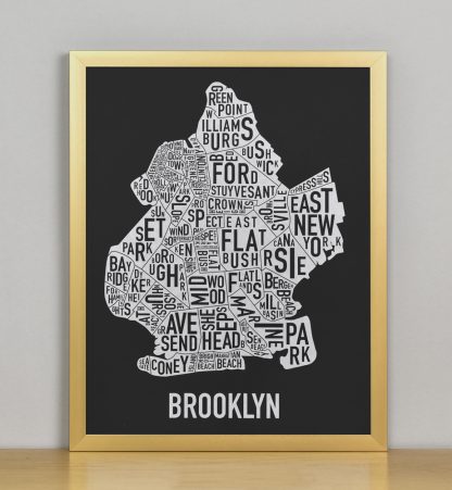 Framed Brooklyn Neighborhood Map Screenprint, Black & White, 11" x 14" in Bronze Frame