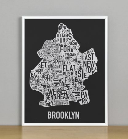 Framed Brooklyn Neighborhood Map Screenprint, Black & White, 11" x 14" in White Metal Frame