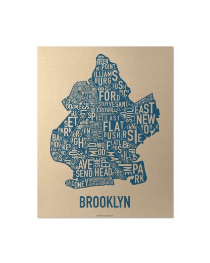 Brooklyn Neighborhood Map, Gold & Blue Screenprint, 11" x 14"