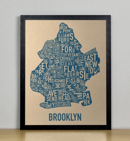 Framed Brooklyn Neighborhood Map, Gold & Blue Screenprint, 11" x 14" in Black Frame