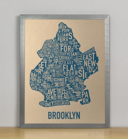Framed Brooklyn Neighborhood Map, Gold & Blue Screenprint, 11" x 14" in Steel Grey Frame