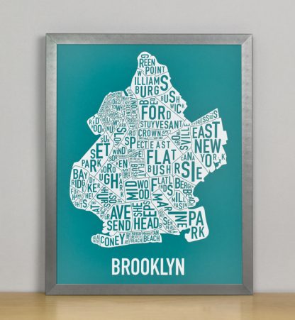 Framed Boston Typographic Neighborhood Map Screenprint, Teal & White, 11" x 14" in Grey Frame