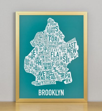 Framed Boston Typographic Neighborhood Map Screenprint, Teal & White, 11" x 14" in Bronze Frame