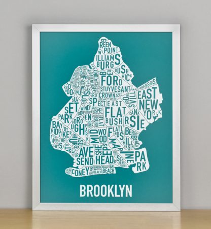 Framed Boston Typographic Neighborhood Map Screenprint, Teal & White, 11" x 14" in Silver Frame