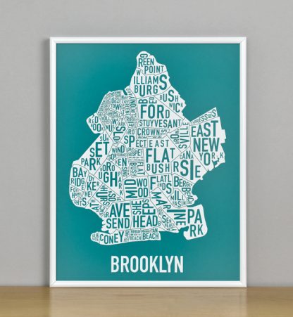 Framed Boston Typographic Neighborhood Map Screenprint, Teal & White, 11" x 14" in White Metal Frame