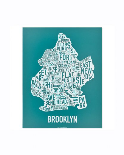 Brooklyn New York Neighborhood Poster, Teal & White, 11" x 14"