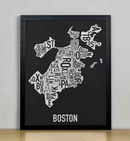 Framed Boston Neighborhood Map, Black & White Screenprint, 11" x 14" in Black Frame