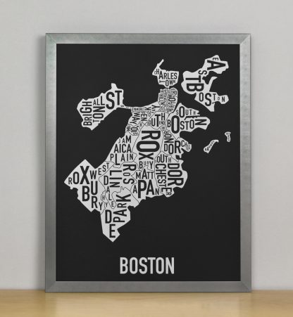 Framed Boston Neighborhood Map, Black & White Screenprint, 11" x 14" in Steel Grey Frame