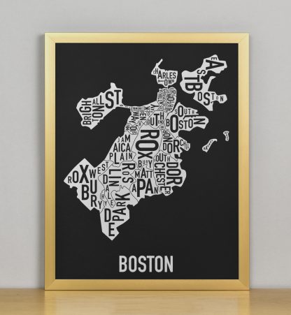 Framed Boston Neighborhood Map, Black & White Screenprint, 11" x 14" in Bronze Frame