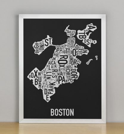 Framed Boston Neighborhood Map, Black & White Screenprint, 11" x 14" in Silver Frame