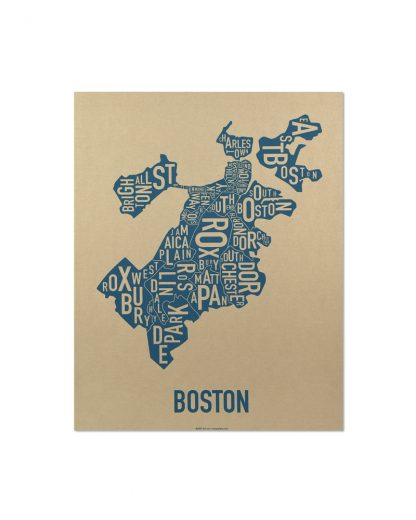 Boston Neighborhood Map, Gold & Blue Screenprint, 11" x 14"