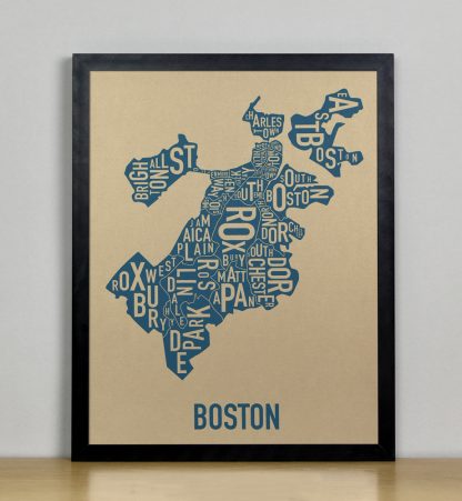Framed Boston Neighborhood Map, Gold & Blue Screenprint, 11" x 14" in Black Frame