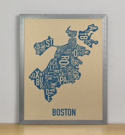 Framed Boston Neighborhood Map, Gold & Blue Screenprint, 11" x 14" in Steel Grey Frame