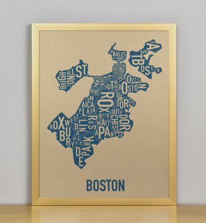 Framed Boston Neighborhood Map, Gold & Blue Screenprint, 11" x 14" in Bronze Frame