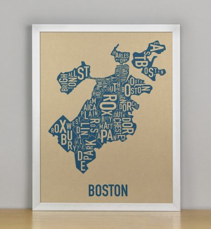 Framed Boston Neighborhood Map, Gold & Blue Screenprint, 11" x 14" in Silver Frame