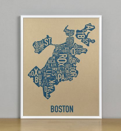 Framed Boston Neighborhood Map, Gold & Blue Screenprint, 11" x 14" in White Metal Frame