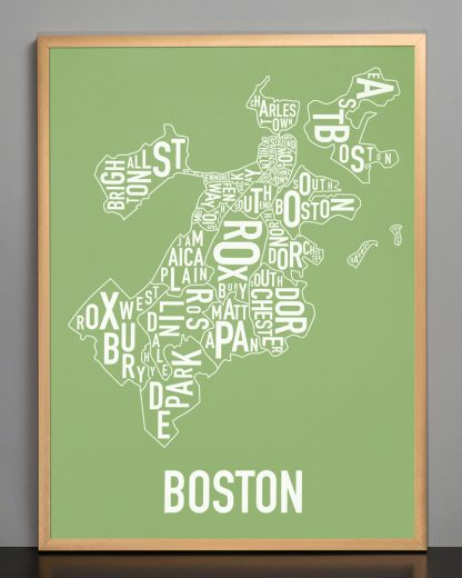 Frame Boston Neighborhood Map, Green & White, 18" x 24" in Bronze Frame