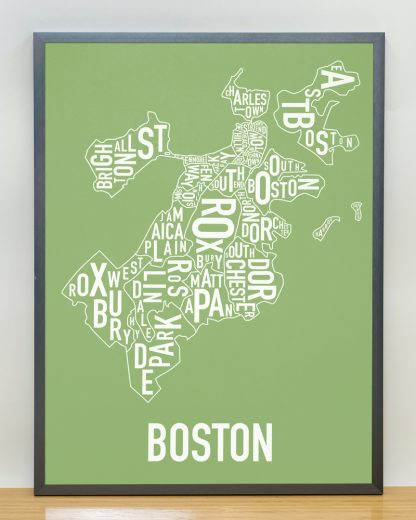 Frame Boston Neighborhood Map, Green & White, 18" x 24" in Steel Grey Frame