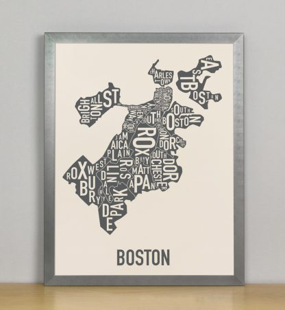 Framed Boston Neighborhood Map Screenprint, Ivory & Grey, 11" x 14" in Steel Grey Frame
