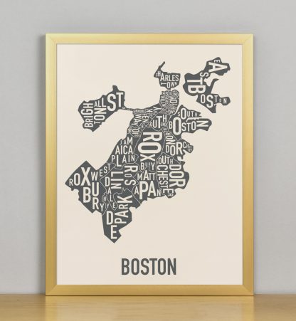 Framed Boston Neighborhood Map Screenprint, Ivory & Grey, 11" x 14" in Bronze Frame