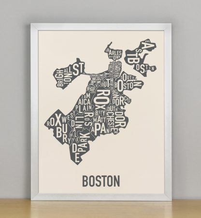 Framed Boston Neighborhood Map Screenprint, Ivory & Grey, 11" x 14" in Silver Frame