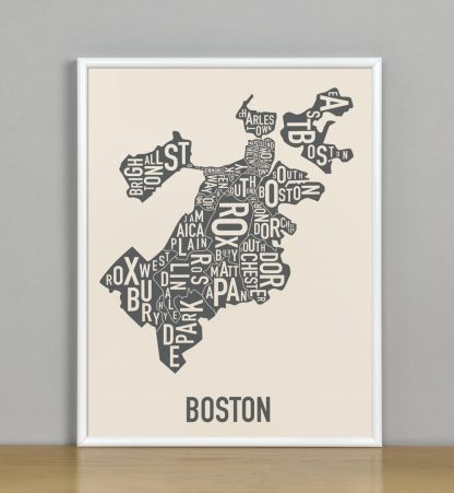 Framed Boston Neighborhood Map Screenprint, Ivory & Grey, 11" x 14" in White Metal Frame