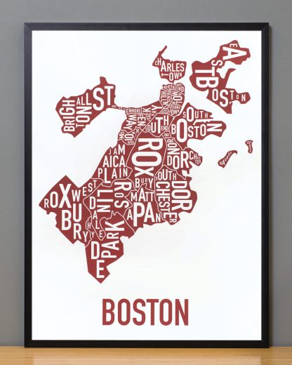 Framed Boston Neighborhoods Map, White & Red, 18" x 24" in Black Frame