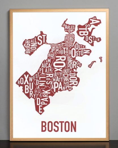 Framed Boston Neighborhoods Map, White & Red, 18" x 24" in Bronze Frame