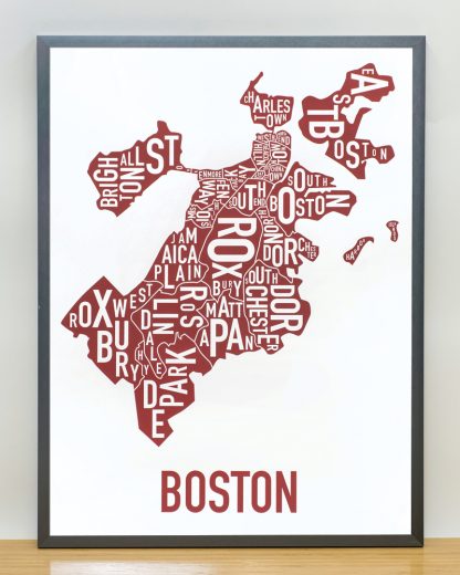 Framed Boston Neighborhoods Map, White & Red, 18" x 24" in Steel Grey Frame