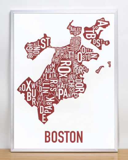 Framed Boston Neighborhoods Map, White & Red, 18" x 24" in Silver Frame