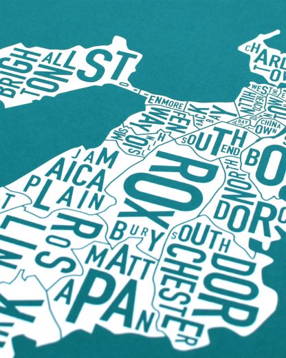 Boston Neighborhood Map Screenprint, Teal & White, 11" x 14"