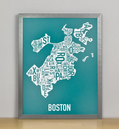 Framed Boston Typographic Neighborhood Map Screenprint, Teal & White, 11" x 14" in Steel Grey Frame