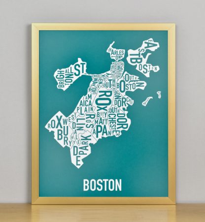 Framed Boston Typographic Neighborhood Map Screenprint, Teal & White, 11" x 14" in Bronze Frame